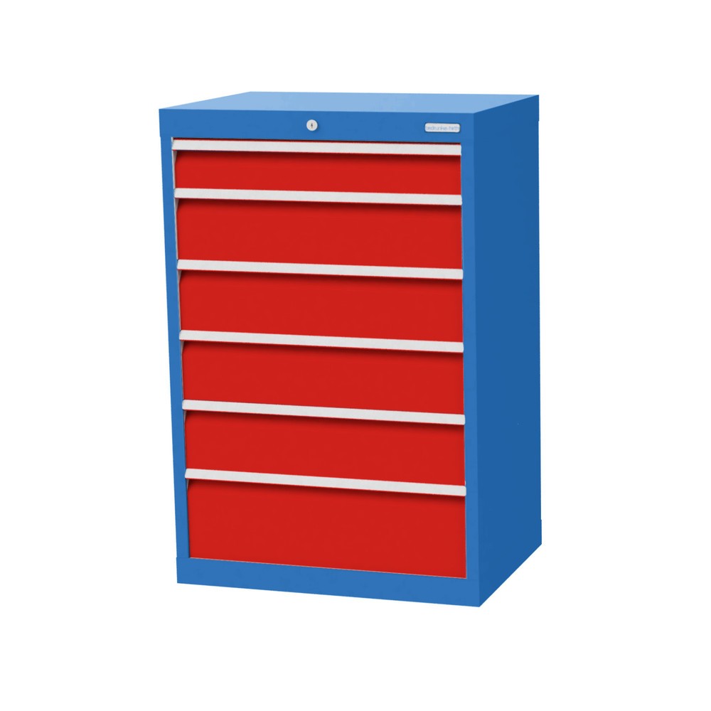 Immagine del prodotto: Bedrunka+Hirth Cassettiera professionale, cassetti 1x100 + 4x150 + 1x200 mm, AxLxP 1.019 x 680 x 500 mm, Blu luce, Rosso traffico