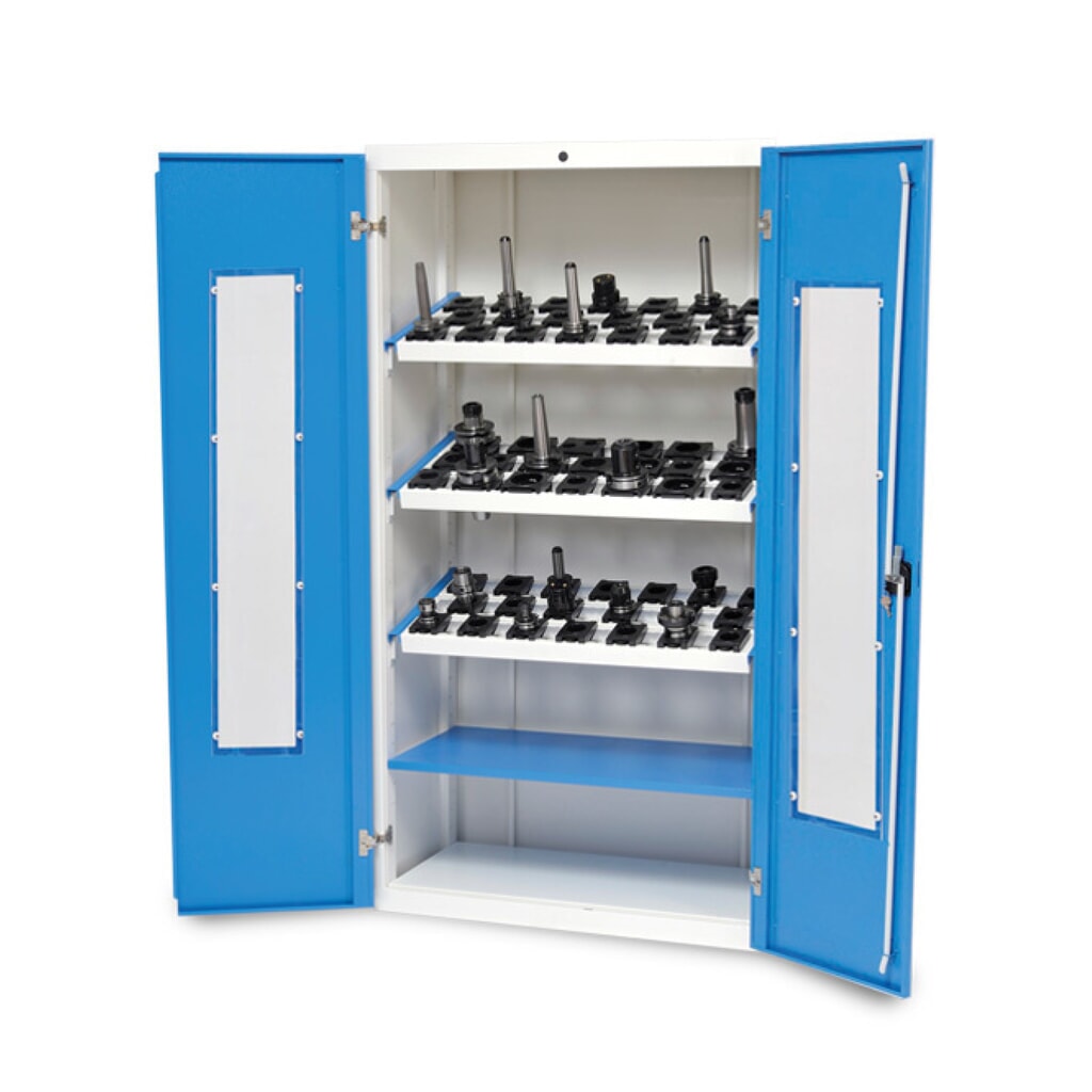 Produktabbildung: Bedrunka+Hirth CNC-Vitrinenschrank, HxBxT 1.838 x 980 x 500 mm, lichtgrau, lichtblau, mit 3 CNC-Werkzeugaufnahmerahmen, 1 Fachboden