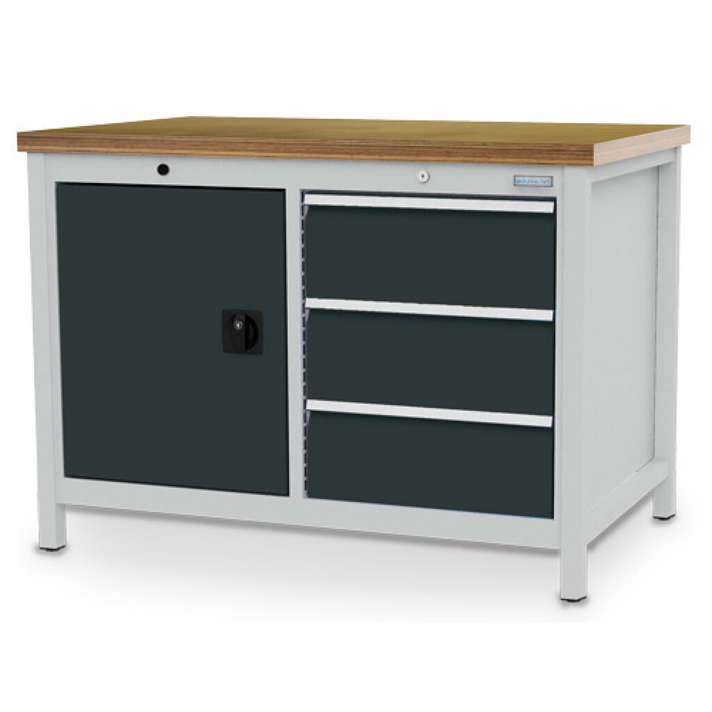 Bedrunka+Hirth Kastenwerkbank R 18-24, HxBxT 859 x 1.250 x 750 mm, lichtgrau, anthrazitgrau, 3 Schubladen 3x200 mm, 1 Flügeltür 1x600 mm Produktabbildung: Bedrunka+Hirth Kastenwerkbank R 18-24, HxBxT 859 x 1.250 x 750 mm, lichtgrau, anthrazitgrau, 3 Schubladen 3x200 mm, 1 Flügeltür 1x600 mm