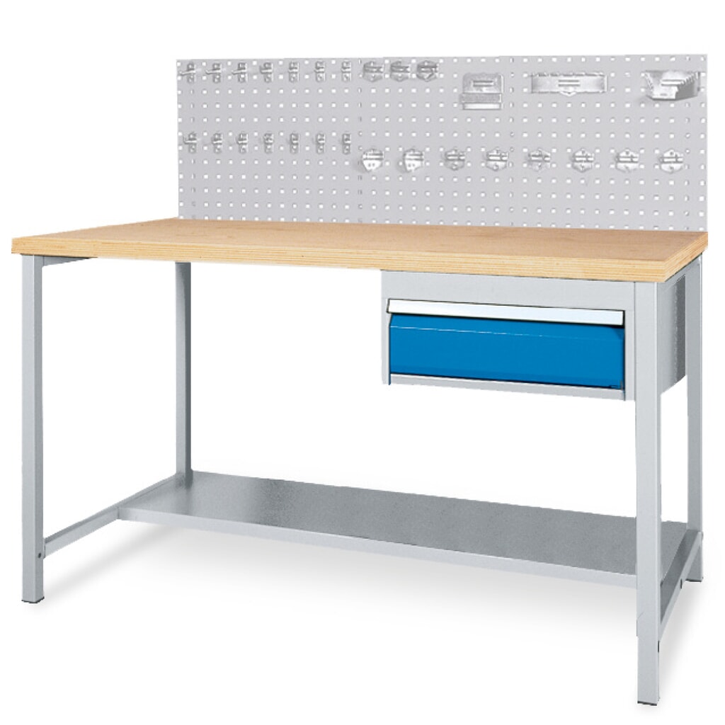 Bedrunka+Hirth Komplett-Set Werktisch mit Schublade + Lochplattenrückwand + Hakensortiment, HxBxT 1.310 x 1.500 x 750 mm Produktabbildung: Bedrunka+Hirth Komplett-Set Werktisch mit Schublade + Lochplattenrückwand + Hakensortiment, HxBxT 1.310 x 1.500 x 750 mm