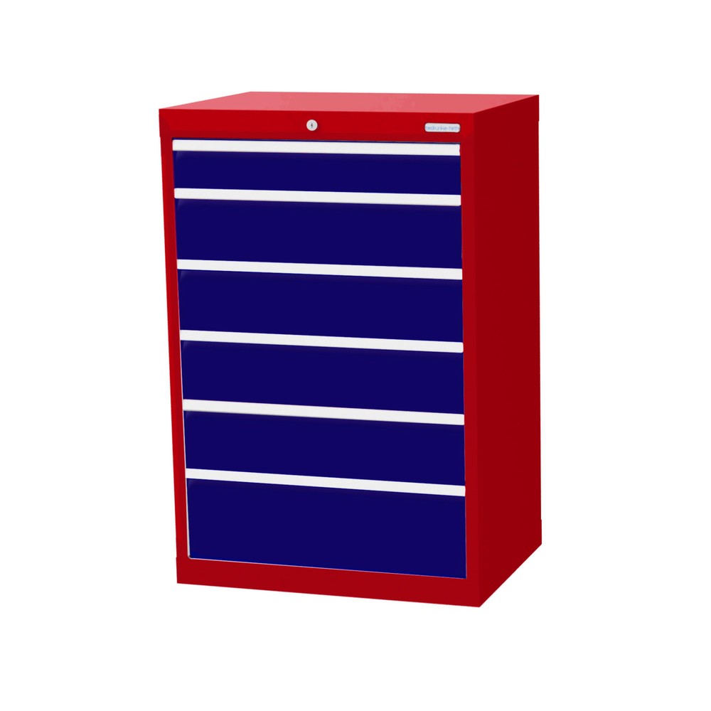 Produktabbildung: Bedrunka+Hirth Schubladenschrank Profi, Schubladen 1x100 + 4x150 + 1x200 mm, HxBxT 1.019 x 680 x 500 mm, rubinrot/enzianblau