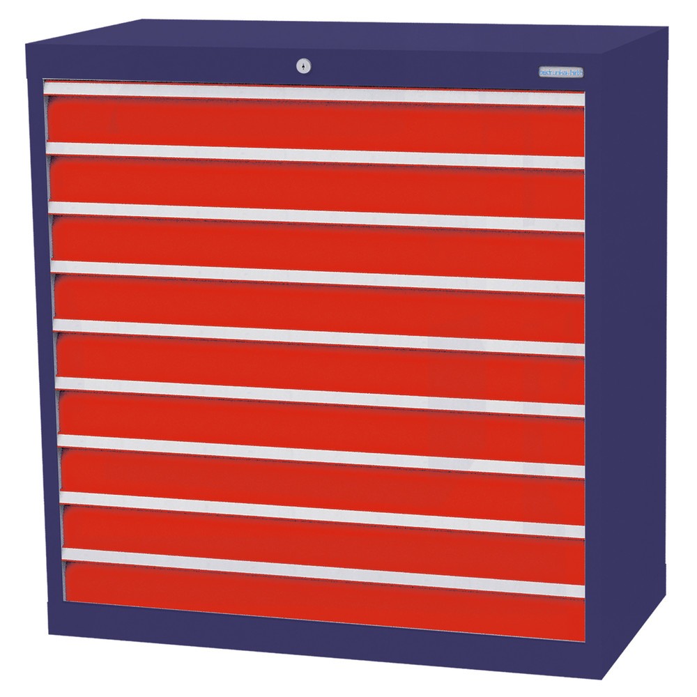 Produktabbildung: Bedrunka+Hirth Schubladenschrank Profi, Schubladen 9x100 mm, HxBxT 1.019 x 980 x 500 mm, enzianblau/verkehrsrot