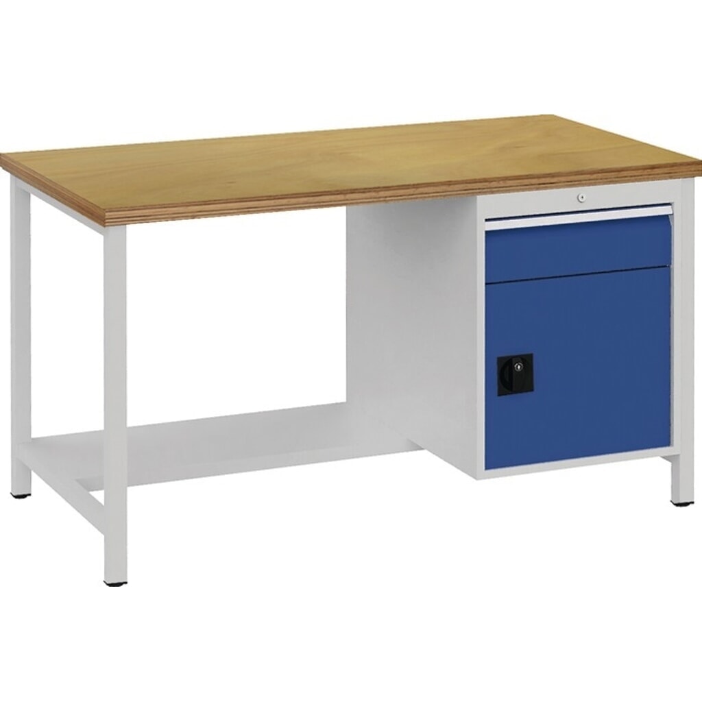 Bedrunka+Hirth Werkbank lichtgrau, RAL 7035 signalblau, RAL 5005, Buche Multiplex 40 mm, B1500xH859xT750 mm, 1 Schublade 1 Tür Produktabbildung: Bedrunka+Hirth Werkbank lichtgrau, RAL 7035 signalblau, RAL 5005, Buche Multiplex 40 mm, B1500xH859xT750 mm, 1 Schublade 1 Tür