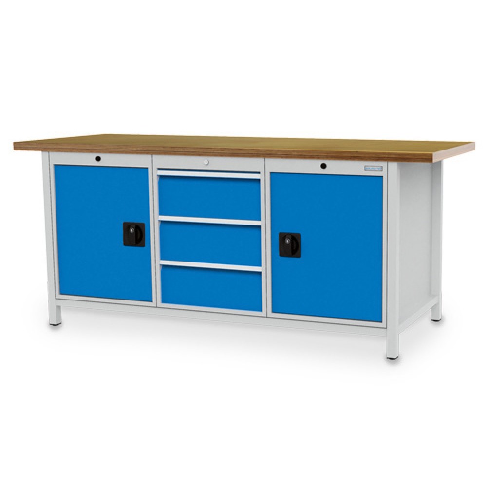 Produktabbildung: Bedrunka+Hirth Werkbank R 18-24, HxBxT 959 x 2.000 x 750 mm, lichtgrau, lichtblau, 3 Schubladen 3x200 mm, 2 Flügeltüren 2x600 mm