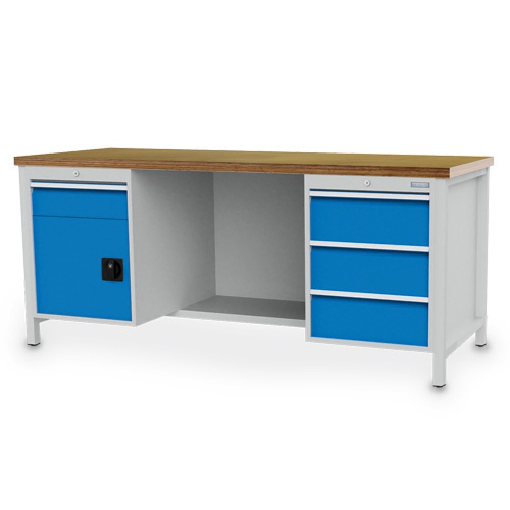Produktabbildung: Bedrunka+Hirth Werkbank R 18-24, HxBxT 859 x 2.000 x 750 mm, lichtgrau, lichtblau, 4 Schubladen 1x150 mm + 3x200 mm, 1 Flügeltür 1x450 mm