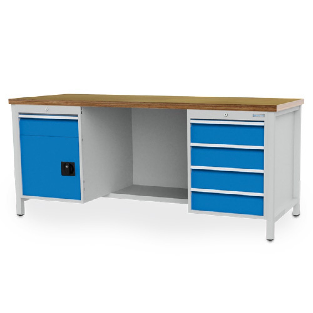 Produktabbildung: Bedrunka+Hirth Werkbank R 18-24, HxBxT 859 x 2.000 x 750 mm, lichtgrau, lichtblau, 5 Schubladen 5x150 mm, 1 Flügeltür 1x450 mm