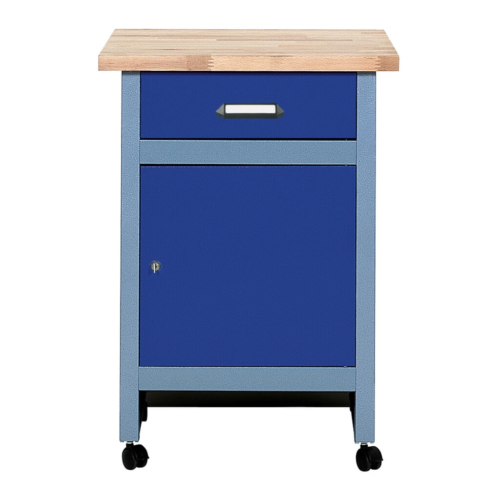 Beistelltisch für Werkbank mit 1 Schublade + 1 Tür, BxT 600 x 600 mm, blau Produktabbildung: Beistelltisch für Werkbank mit 1 Schublade + 1 Tür, BxT 600 x 600 mm, blau
