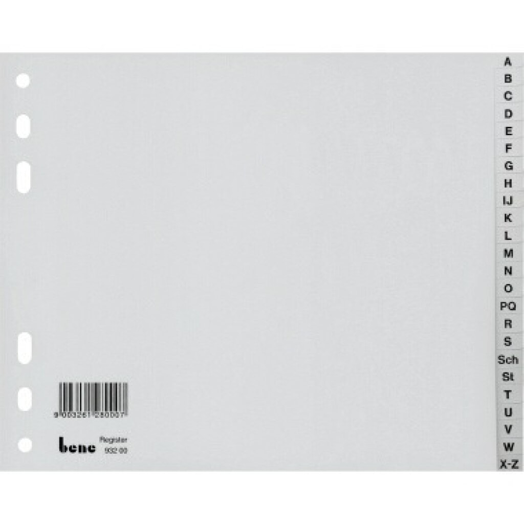Bene Register A-Z 93220 DIN A4 halbe Höhe PP 20teilig Produktabbildung: Bene Register A-Z 93220 DIN A4 halbe Höhe PP 20teilig