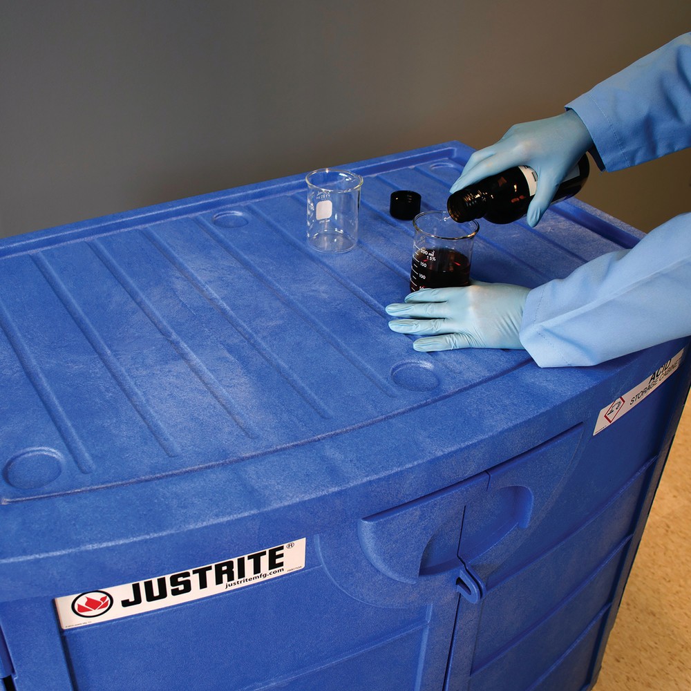 Číslo obrázka výrobku 4: Justrite® PE chemická skriňa na korozívne chemikálie, v × š × h 900 × 910 × 640 mm, 1 nastaviteľná polica, manuálne zatváranie