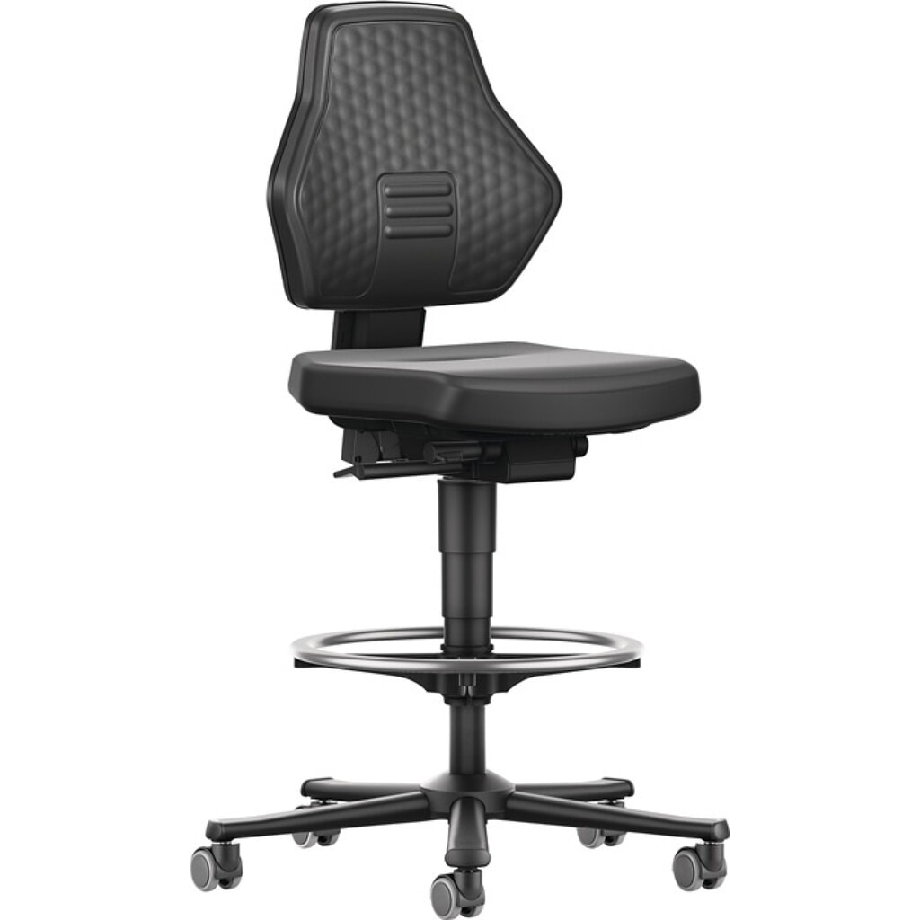 bimos Arbeitsdrehstuhl Air Flow, Kunstlederpolster schwarz, Rollen + Fußring, 610-890 mm Produktabbildung: bimos Arbeitsdrehstuhl Air Flow, Kunstlederpolster schwarz, Rollen + Fußring, 610-890 mm