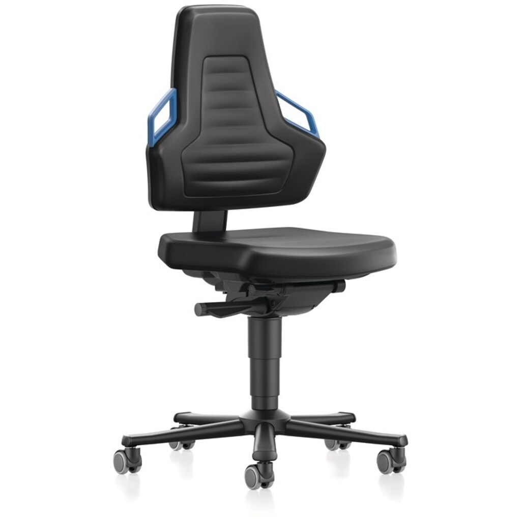 Produktabbildung: bimos Arbeitsdrehstuhl Nexxit, Kunstlederpolster schwarz, Rollen, Grifffarbe blau 450-600 mm