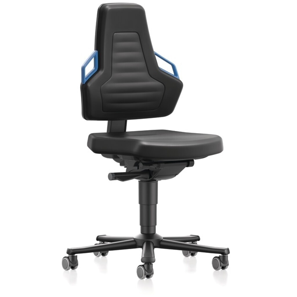 bimos Arbeitsdrehstuhl Nexxit, Integralschaum schwarz, Rollen, Grifffarbe blau 450-600 mm Produktabbildung: bimos Arbeitsdrehstuhl Nexxit, Integralschaum schwarz, Rollen, Grifffarbe blau 450-600 mm