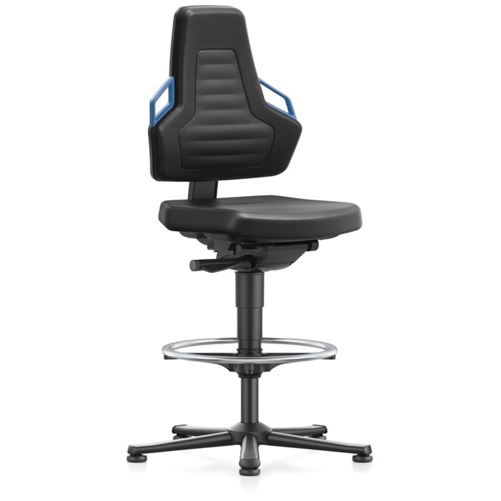 bimos Arbeitsdrehstuhl Nexxit, Integralschaum schwarz, Bodengleiter + Fußring, Grifffarbe blau 570-820 mm Produktabbildung: bimos Arbeitsdrehstuhl Nexxit, Integralschaum schwarz, Bodengleiter + Fußring, Grifffarbe blau 570-820 mm