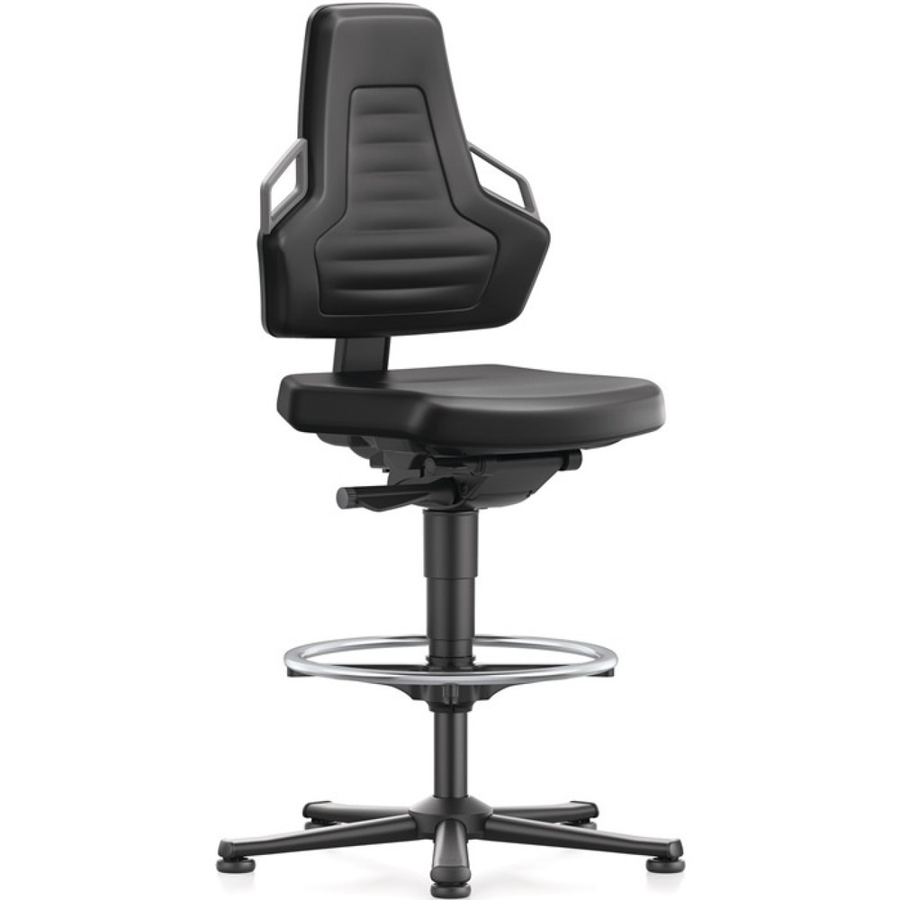 Illustration du produit: Chaise de travail pivotante bimos Nexxit, mousse intégrale noir, patins + anneau repose-pieds, couleur de la poignée gris 570-820 mm