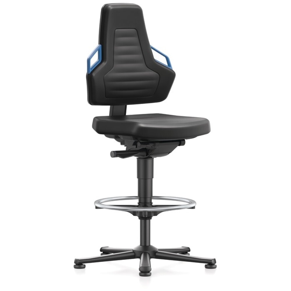 Illustration du produit: Chaise de travail pivotante bimos Nexxit, mousse intégrale noir, patins + anneau repose-pieds, couleur de la poignée bleu 570-820 mm
