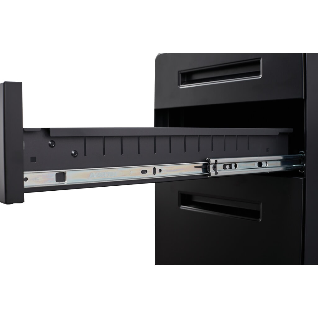 BISLEY Büromöbel-Set Easy Starter, elektrisch höhenverstellbarer Tisch 160 x 80 cm, schwarz, walnuss, Rollcontainer schwarz mit 1 Schublade + 1 Hängeregisterlade Produktabbildung Nr. 6: BISLEY Büromöbel-Set Easy Starter, elektrisch höhenverstellbarer Tisch 160 x 80 cm, schwarz, walnuss, Rollcontainer schwarz mit 1 Schublade + 1 Hängeregisterlade