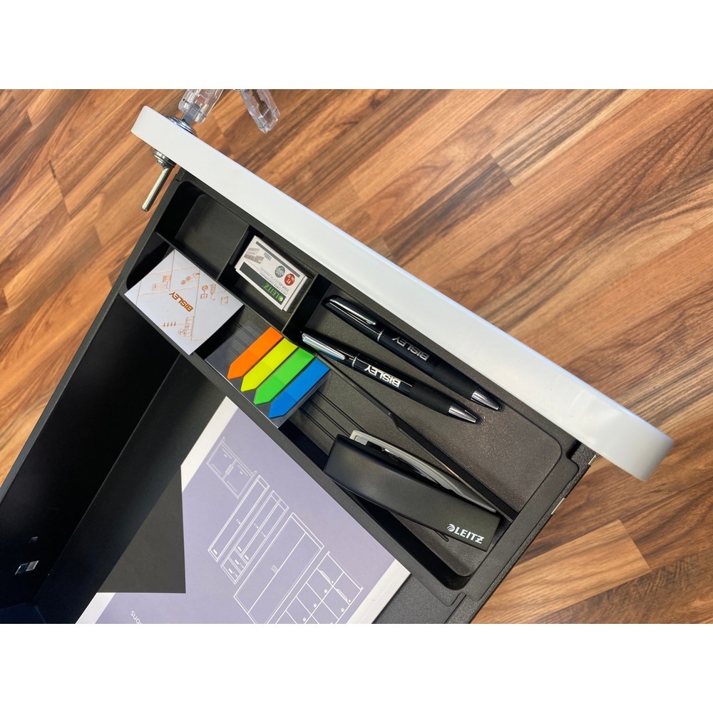 Produktabbildung Nr. 10: BISLEY Büromöbel-Set Easy Starter, elektrisch höhenverstellbarer Tisch 160 x 80 cm, schwarz, walnuss, Rollcontainer schwarz mit 1 Schublade + 1 Hängeregisterlade