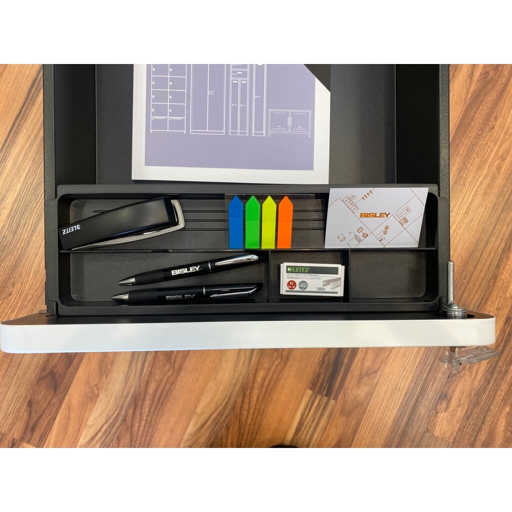 BISLEY Büromöbel-Set Easy Starter, elektrisch höhenverstellbarer Tisch 160 x 80 cm, schwarz, walnuss, Rollcontainer schwarz mit 1 Schublade + 1 Hängeregisterlade Produktabbildung Nr. 11: BISLEY Büromöbel-Set Easy Starter, elektrisch höhenverstellbarer Tisch 160 x 80 cm, schwarz, walnuss, Rollcontainer schwarz mit 1 Schublade + 1 Hängeregisterlade