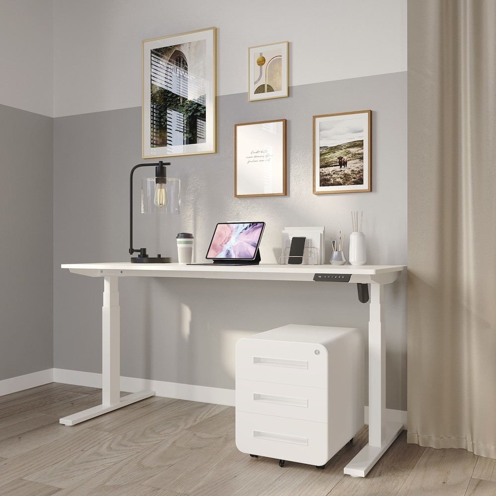 Produktabbildung: BISLEY Büromöbel-Set Easy Starter, elektrisch höhenverstellbarer Tisch 160 x 80 cm, weiß, Rollcontainer verkehrsweiß mit 3 Schubladen