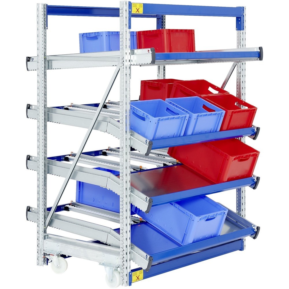 Produktabbildung: Bito Stückgut-Durchlaufregal-Komplettpaket, HxBxT 2.000 x 1.470 x 1.300 mm, verfahrbar, Vorlaufebenen abgeknickt