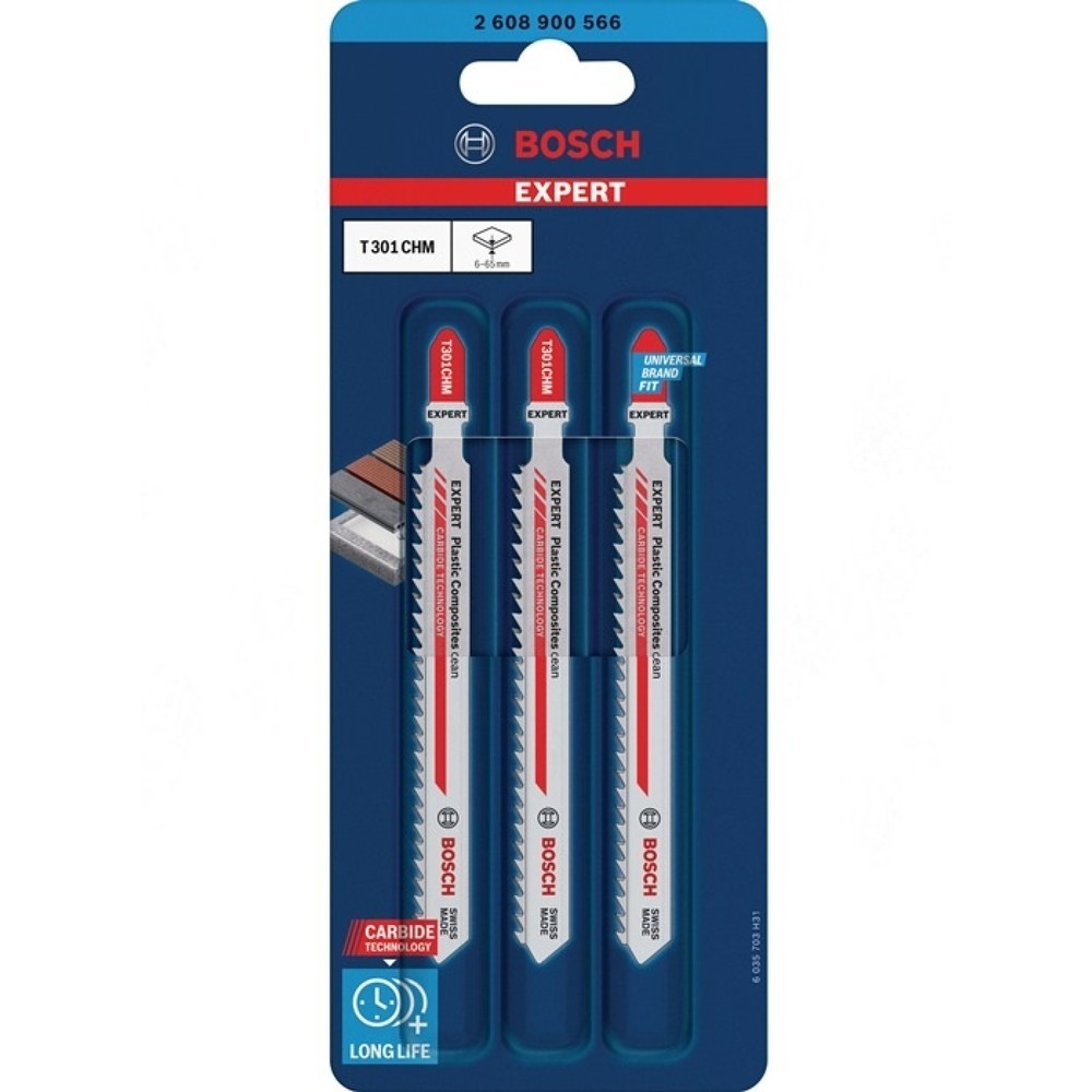 Produktabbildung Nr. 2: BOSCH Stichsägeblatt Plastic Composites T301CHM, Zahnteilung 3,3 mm, Gesamtlänge 117 mm, 3 Stück / Karte