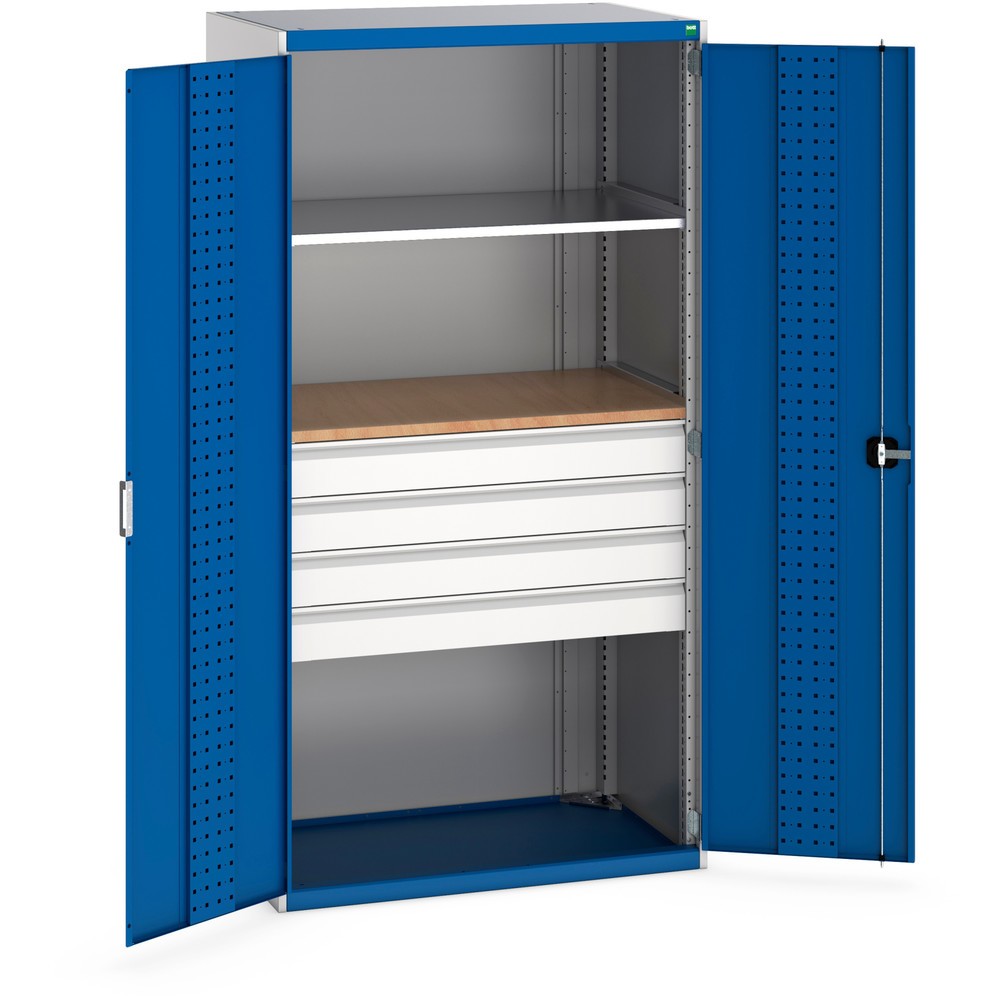 Obrázok výrobku: bott cubio systém skrinka s výklopnými dverami, 1 polica, 4 zásuvky, 1 vložka doska, VV x Š x H 2 000 x 1 050 x 650 mm, enciánová modrá