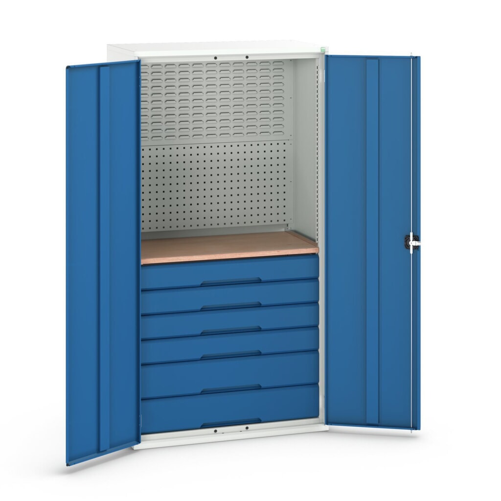 bott verso Flügeltürschrank mit 6 Schubladen, mit Rückwand und Arbeitsplatte, BxTxH: 1050 x550 x 2000 mm Produktabbildung: bott verso Flügeltürschrank mit 6 Schubladen, mit Rückwand und Arbeitsplatte, BxTxH: 1050 x550 x 2000 mm