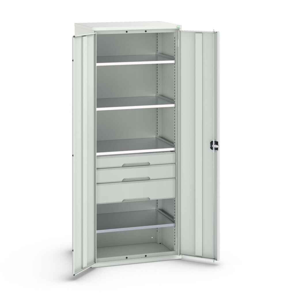 bott verso Flügeltürschrank mit Schubladen, mit 4 Fachböden und 3 Schubladen, BxTxH: 800 x 550 x 2000 mm Produktabbildung: bott verso Flügeltürschrank mit Schubladen, mit 4 Fachböden und 3 Schubladen, BxTxH: 800 x 550 x 2000 mm