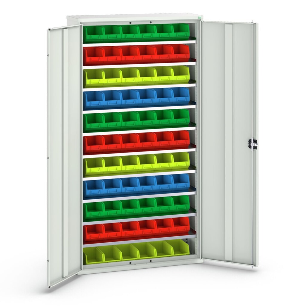 Produktabbildung: bott verso Magazinschrank, mit 10 Fachböden und 66 Sichtlagerkästen, BxTxH: 1050 x 350 x 2000 mm