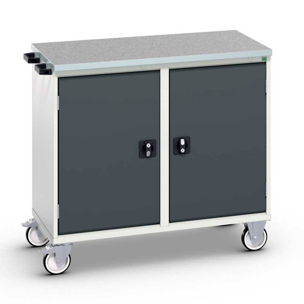 Produktabbildung: bott verso Montagewagen, mit 2 Türen, Fachböden und Linoleum-Top, BxTxH: 1050 x 600 x 980 mm