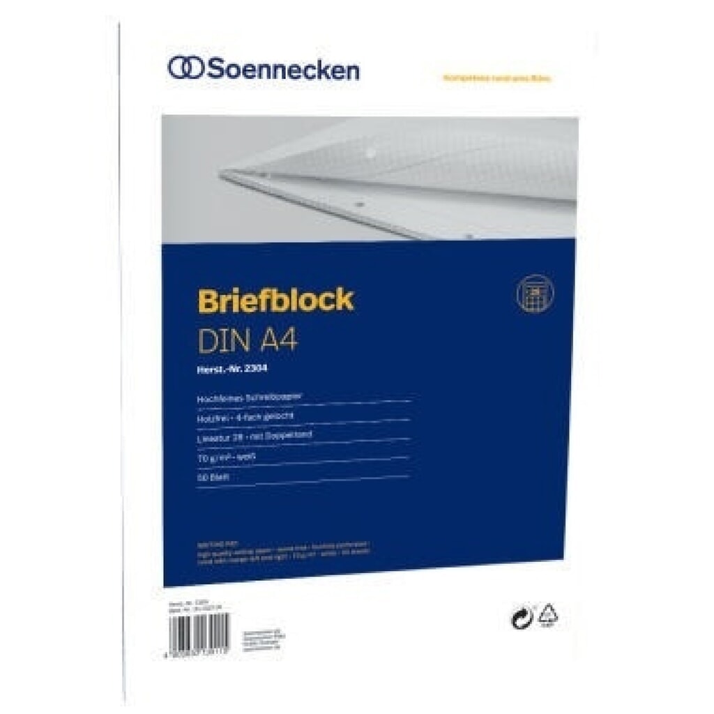 Produktabbildung: Soennecken Briefblock 2304 DIN A4 gelocht Lineatur28 kariert 50Blatt