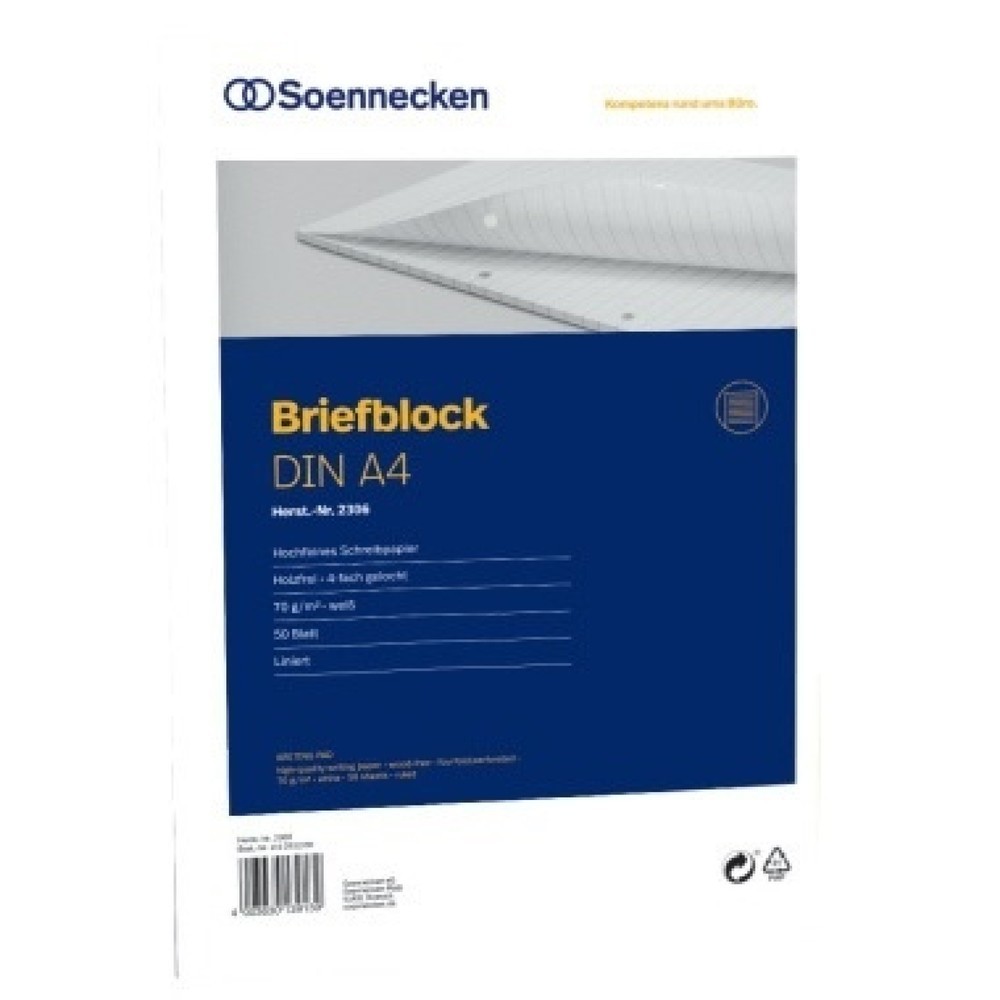 Produktabbildung: Soennecken Briefblock 2306 DIN A4 gelocht liniert 50Blatt weiß