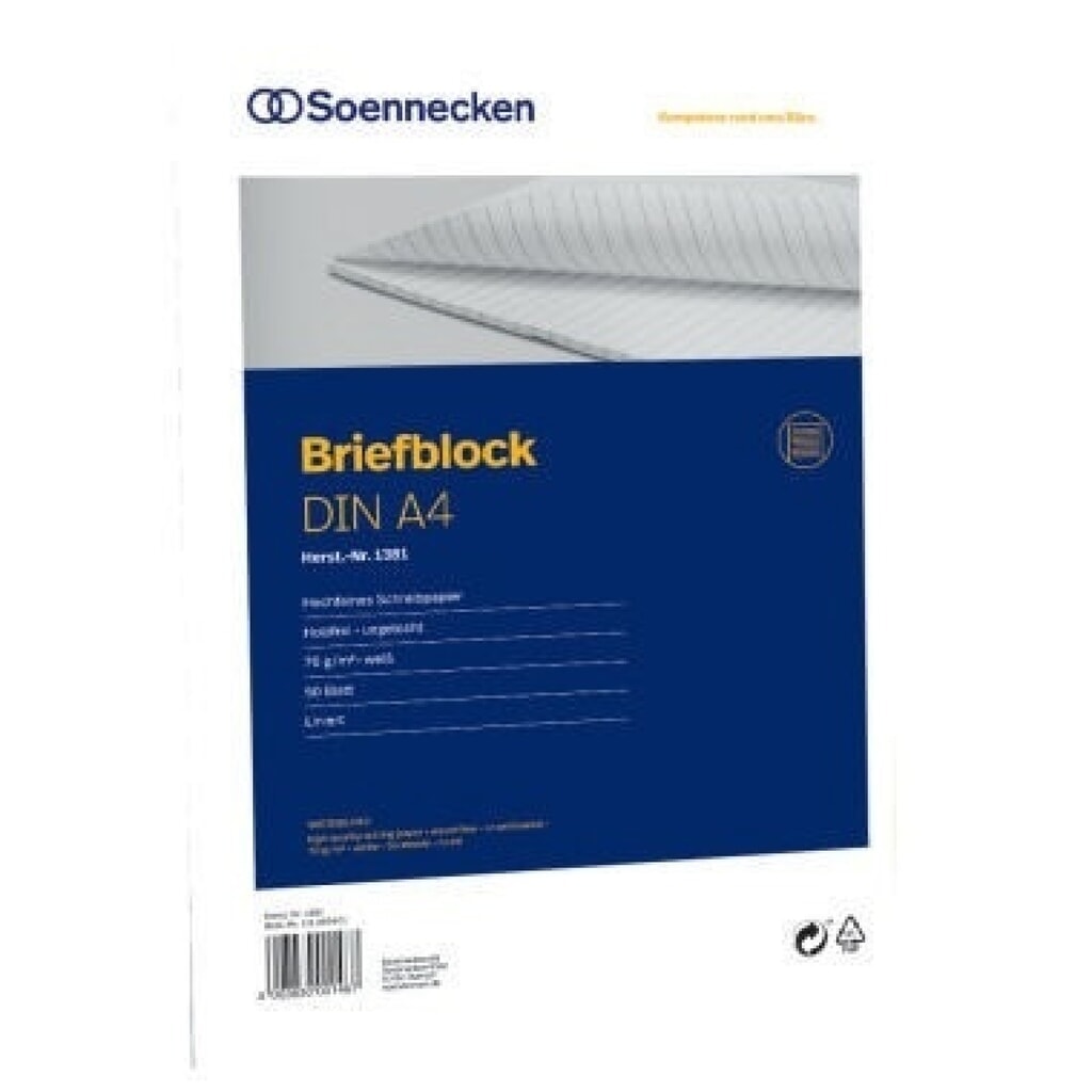 Soennecken Briefblock 1381 DIN A4 70g holzfrei 50Blatt liniert weiß Produktabbildung: Soennecken Briefblock 1381 DIN A4 70g holzfrei 50Blatt liniert weiß