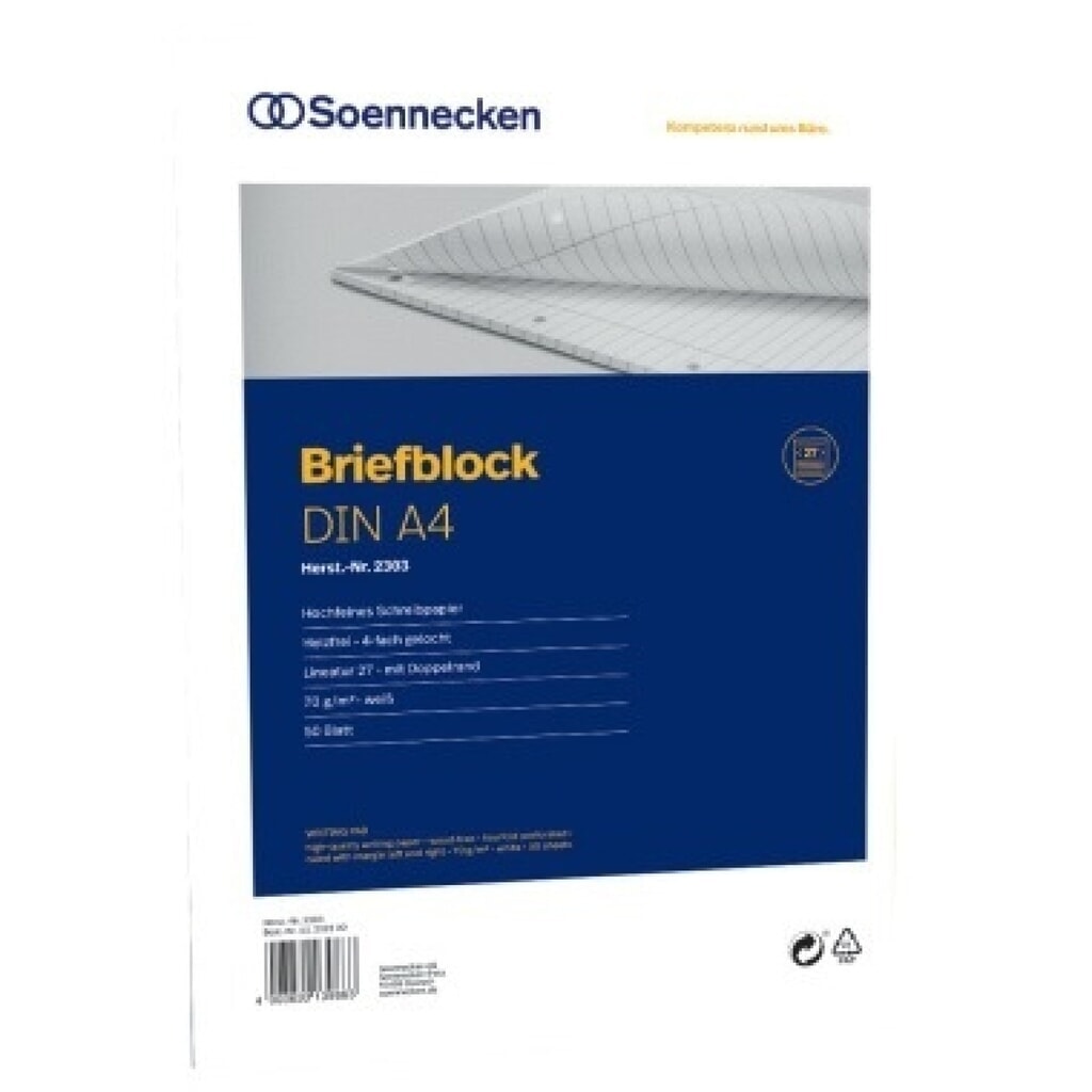 Soennecken Briefblock 2303 DIN A4 gelocht Lineatur27 liniert 50Blatt Produktabbildung: Soennecken Briefblock 2303 DIN A4 gelocht Lineatur27 liniert 50Blatt