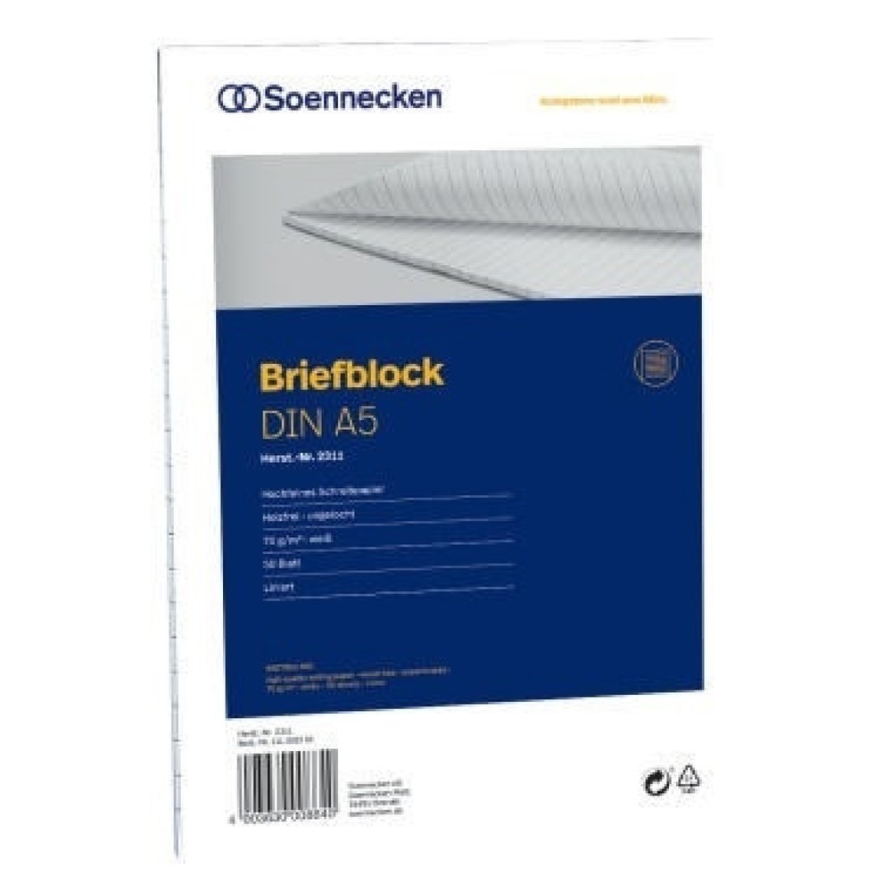 Produktabbildung Nr. 1: Soennecken Briefblock 2311 DIN A5 70g liniert 50Blatt weiß