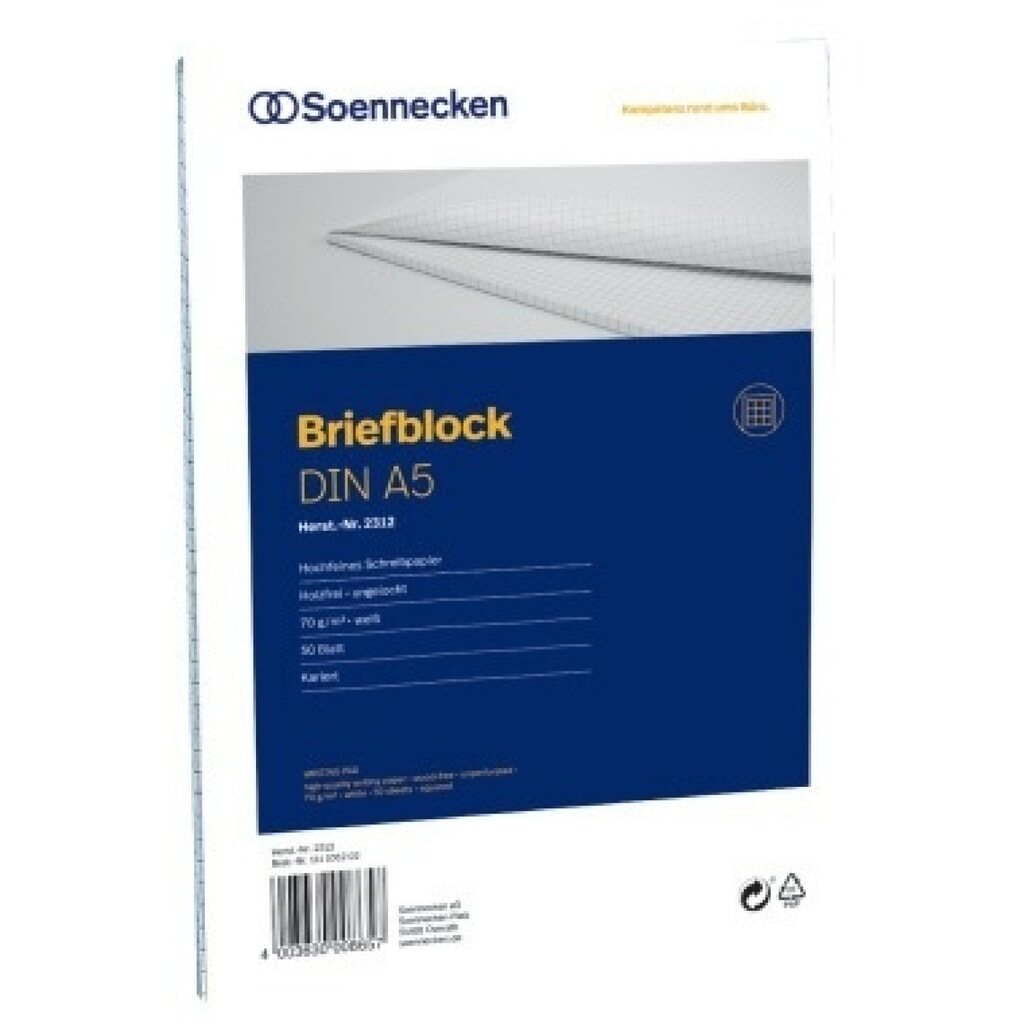 Soennecken Briefblock 2312 DIN A5 70g kariert 50Blatt weiß Produktabbildung: Soennecken Briefblock 2312 DIN A5 70g kariert 50Blatt weiß