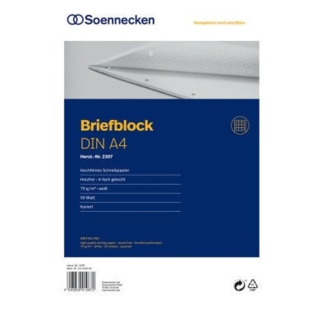 Produktabbildung: Soennecken Briefblock 2397 DIN A4 4fach gelocht kariert 100Blatt weiß