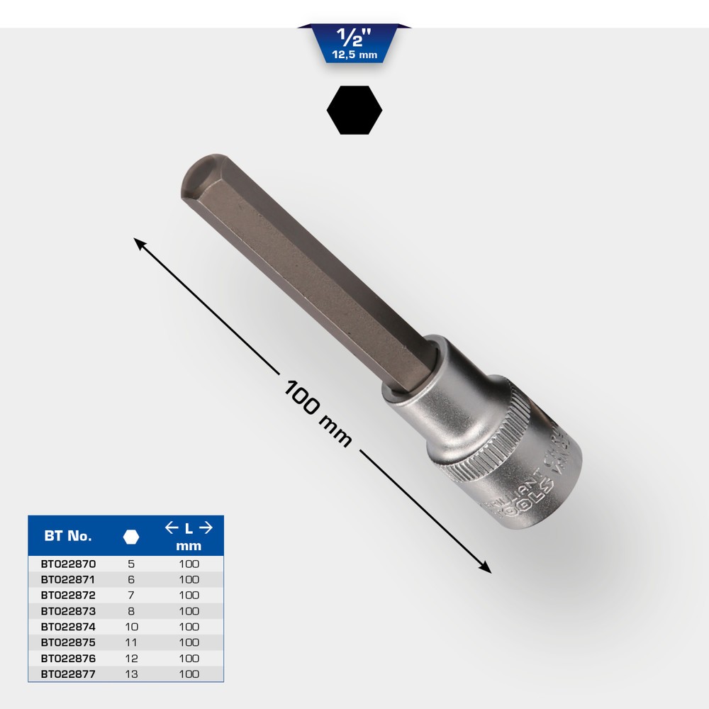 Produktabbildung Nr. 12: BRILLIANT TOOLS 1/2" Innensechskant Bit-Stecknuss, 100 mm lang, 12 mm