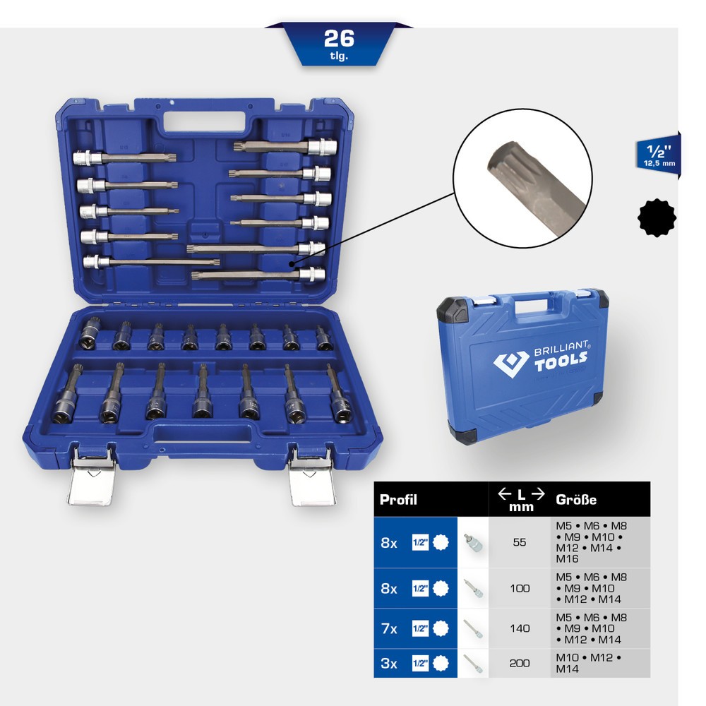 Produktabbildung Nr. 13: BRILLIANT TOOLS 1/2" Steckschlüssel-Satz, 26-tlg, Vielzahn-Profil, XZN