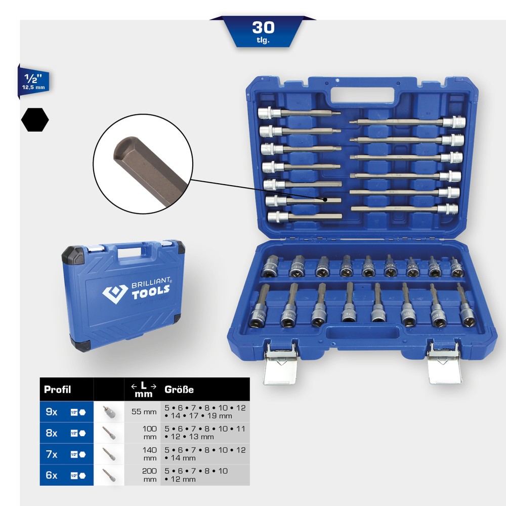 Produktabbildung Nr. 13: BRILLIANT TOOLS 1/2" Steckschlüssel-Satz, 30-tlg, Innensechskant-Profil