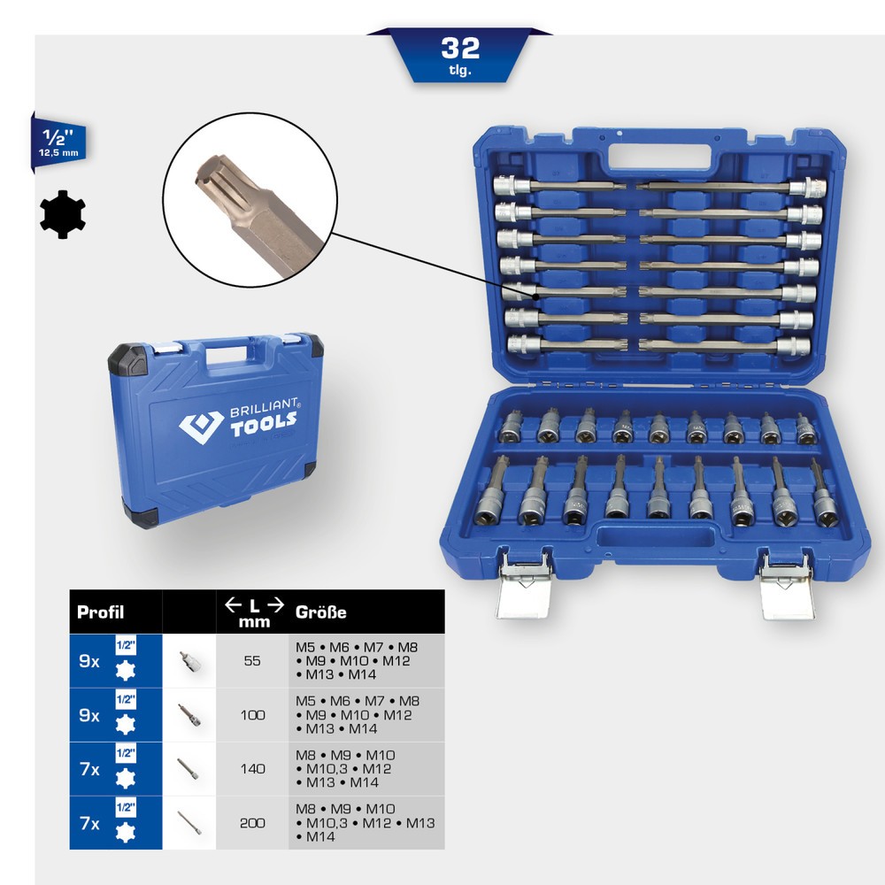 Produktabbildung Nr. 13: BRILLIANT TOOLS 1/2" Steckschlüssel-Satz, 32-tlg, RIBE Profil