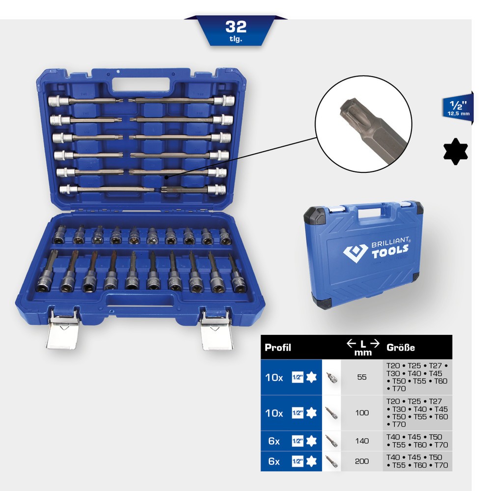 Produktabbildung Nr. 13: BRILLIANT TOOLS 1/2" Steckschlüssel-Satz, 32-tlg, Torx-Profil