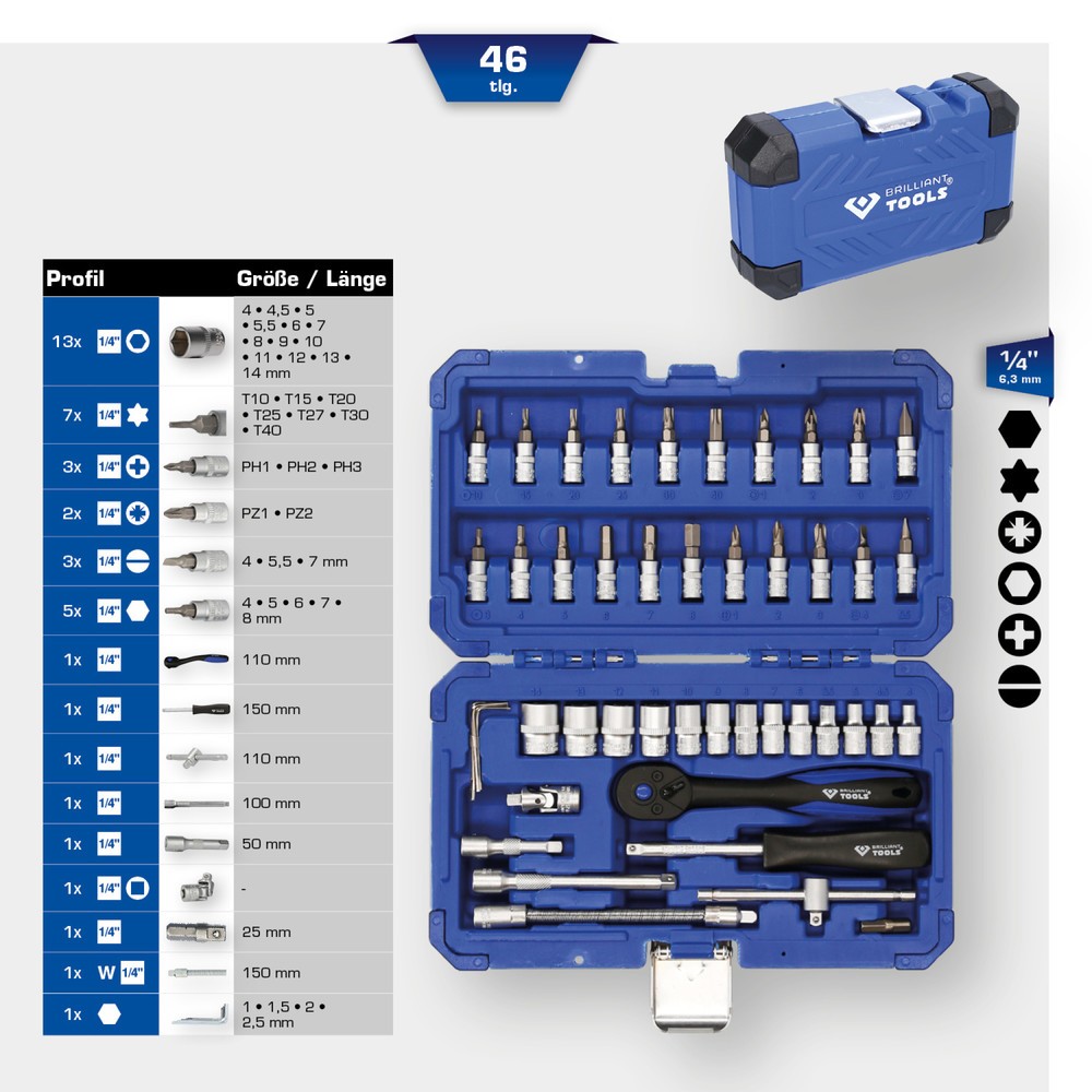Produktabbildung Nr. 17: BRILLIANT TOOLS 1/4" Steckschlüssel-Satz, 46-tlg