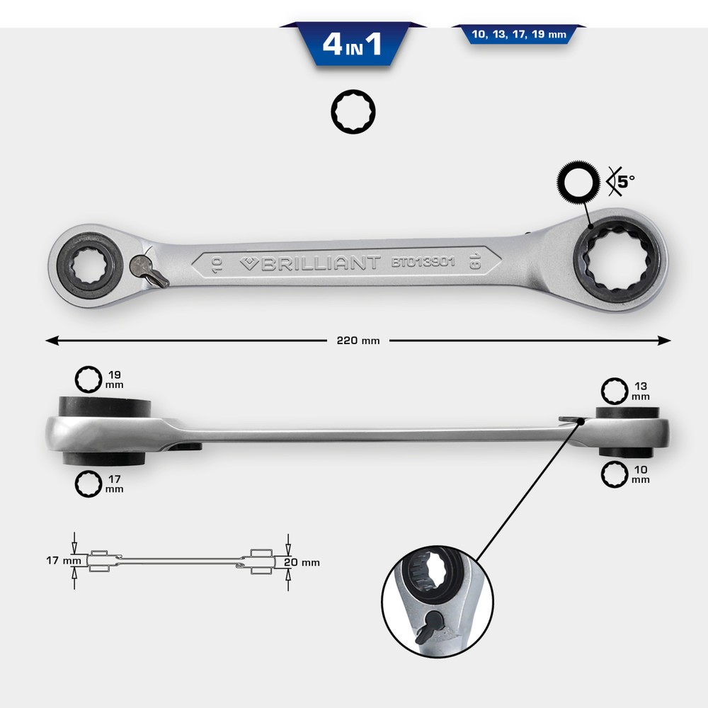 Produktabbildung Nr. 13: BRILLIANT TOOLS 4 in 1, Doppel-Ratschenringschlüssel, 10 x 13, 17 x 19 mm
