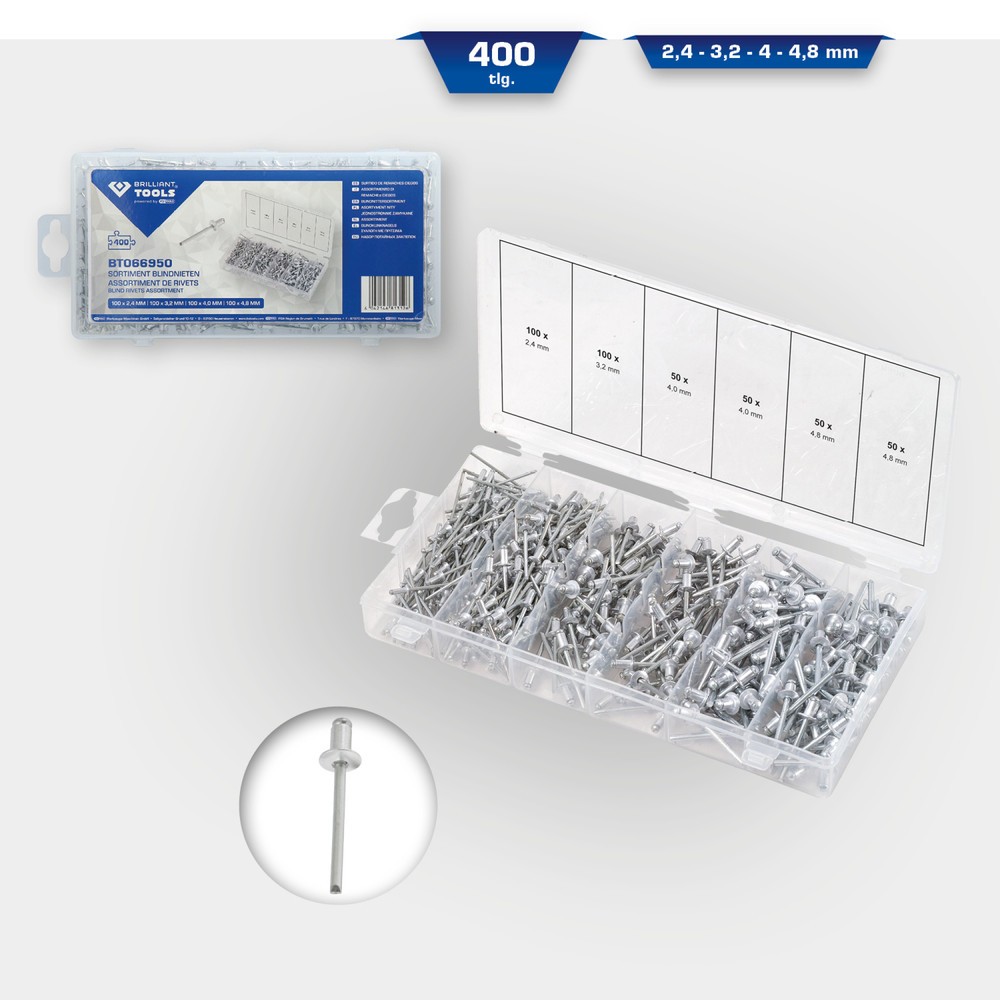 Produktabbildung Nr. 8: BRILLIANT TOOLS Sortiment Blindnieten, 400-tlg, 2, 4 - 3, 2 - 4 - 4, 8 mm