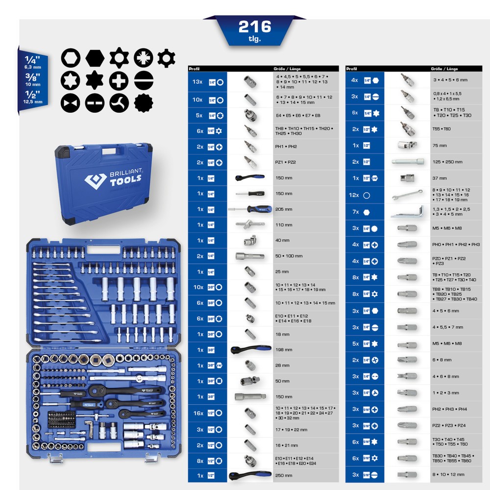 Produktabbildung Nr. 9: BRILLIANT TOOLS Steckschlüssel-Satz, 216-tlg, 1/4", 3/8", 1/2"