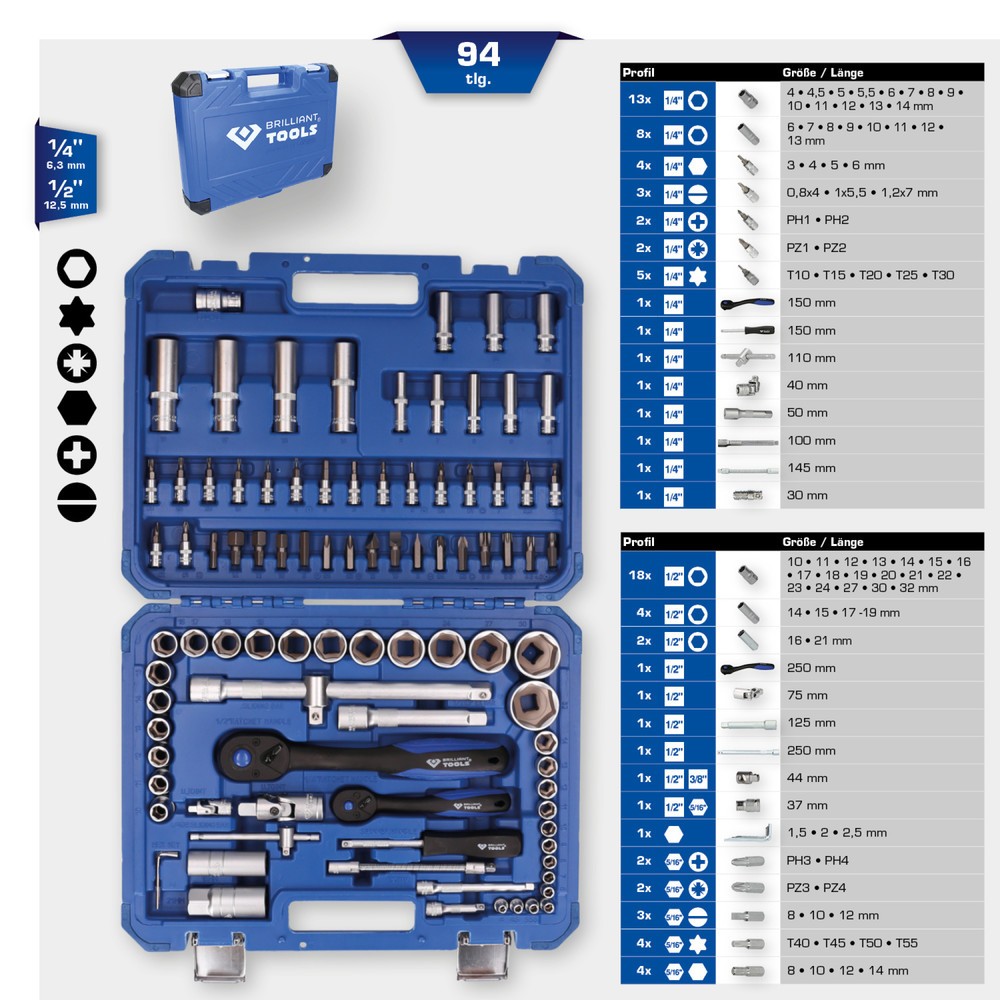Produktabbildung Nr. 17: BRILLIANT TOOLS Steckschlüssel-Satz, 94-tlg, 1/4", 1/2"