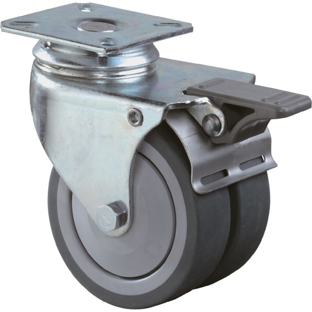 BS ROLLEN Doppel-Lenkrolle mit Totalfeststeller, mit Feststeller Gummi, 50 mm 60 kg, grau 60 x 60 mm Produktabbildung: BS ROLLEN Doppel-Lenkrolle mit Totalfeststeller, mit Feststeller Gummi, 50 mm 60 kg, grau 60 x 60 mm