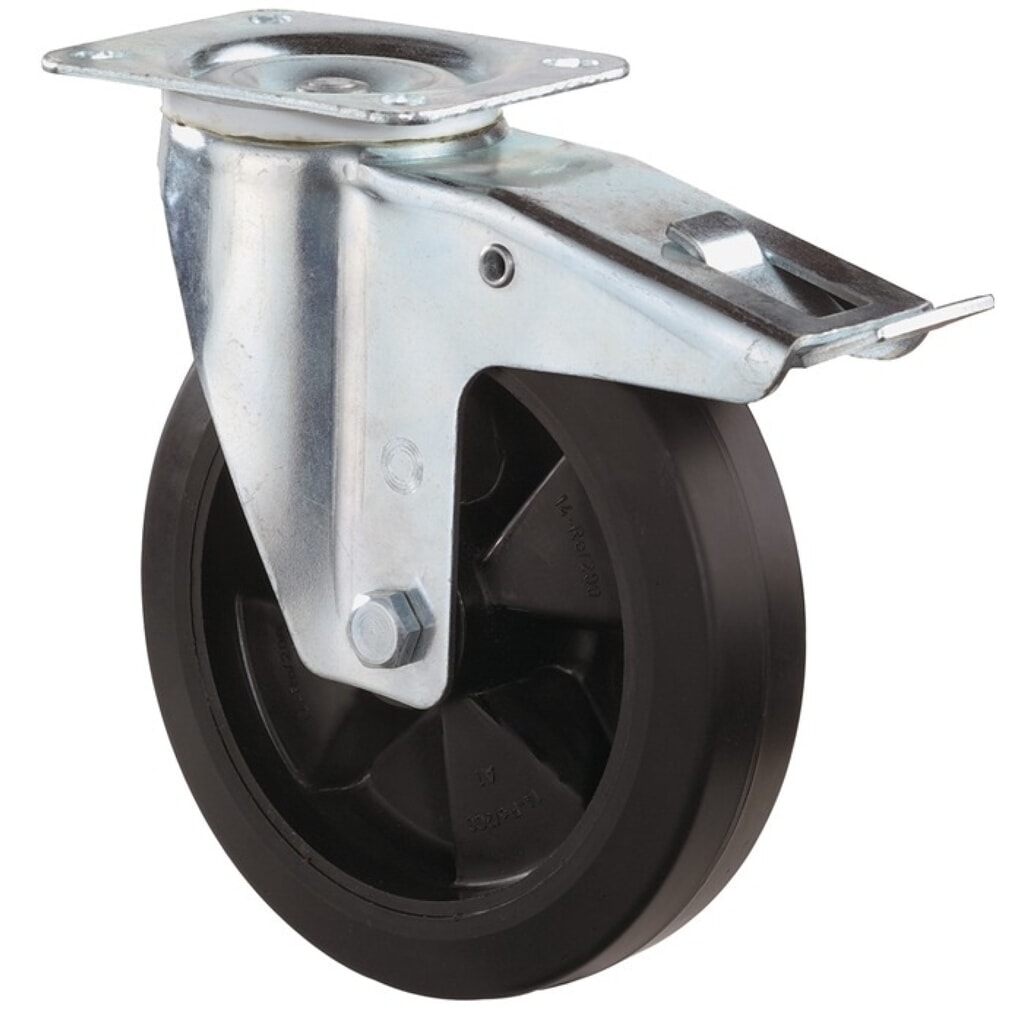 BS ROLLEN Lenkrolle, mit Totalfeststeller Vollgummi, Rad-Ø 100 mm Tragfähigkeit 140 kg, 104x80mm Produktabbildung: BS ROLLEN Lenkrolle, mit Totalfeststeller Vollgummi, Rad-Ø 100 mm Tragfähigkeit 140 kg, 104x80mm