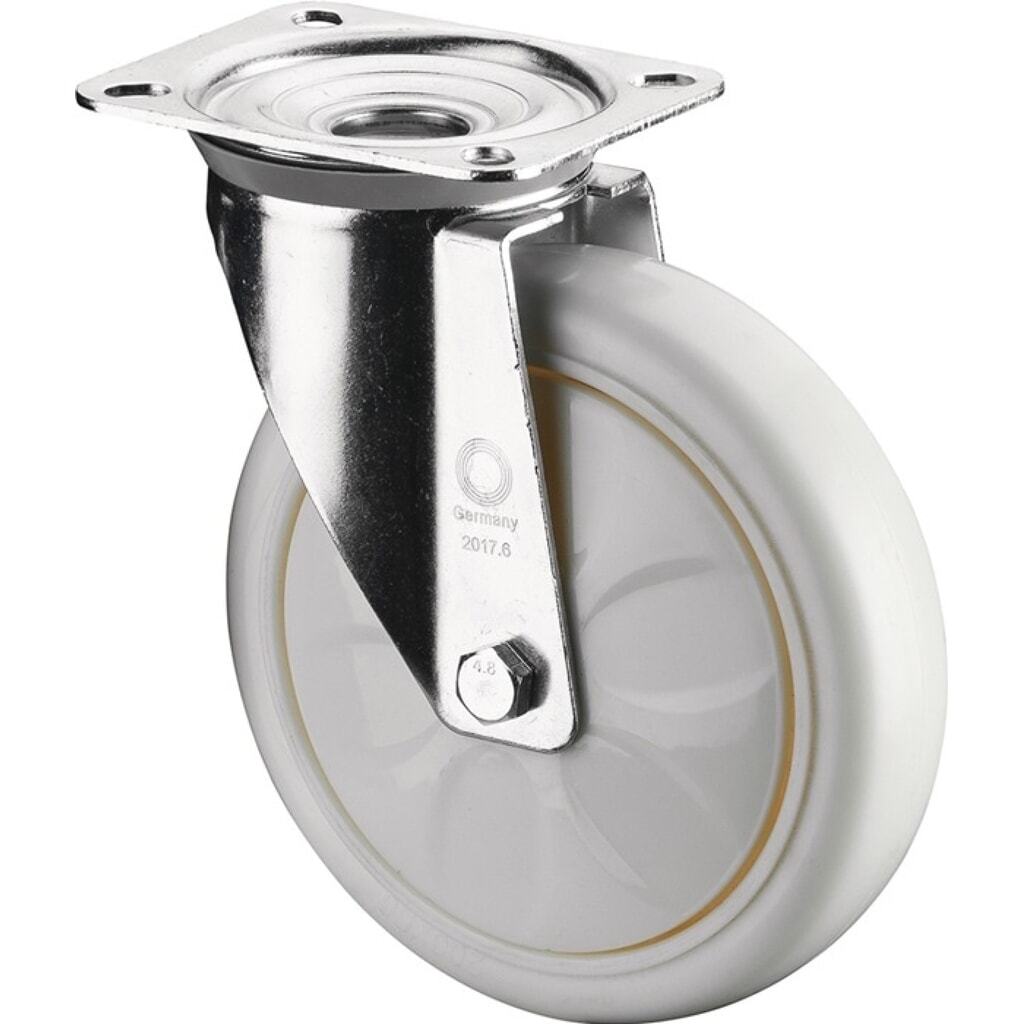 Produktabbildung: BS ROLLEN Lenkrolle, Kunststoff, Rad-Ø 150 mm Tragfähigkeit 300 kg, Platte L135xB110 mm Farbe Rolle weiß